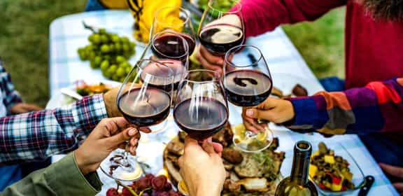 Brindisi con calici di vino rosso tra amici, simbolo dei vini da tutti i giorni