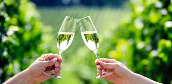 Due calici di spumante brindano all’aperto, offerte bollicine sotto i 10 euro su sfondo verde.