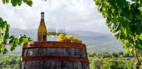 Vino francese: bottiglia, bicchieri e grappolo d’uva tra le vigne