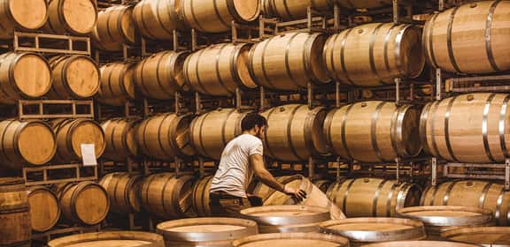 Barrels in the winery Cantina con botti di legno e cantiniere, produzione vino Magnum in offerta speciale