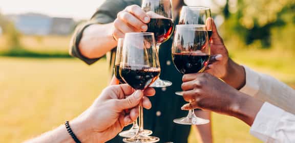 Brindisi con vino rosso di Borgogna all’aperto