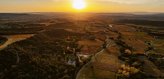 Paesaggio al tramonto sui vigneti della Côtes du Rhône