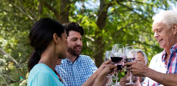 Famiglia brinda con vino rosso all’aperto per la Festa del Papà