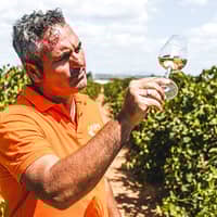 winemaker asaro with white wine in the wineryard Asaro