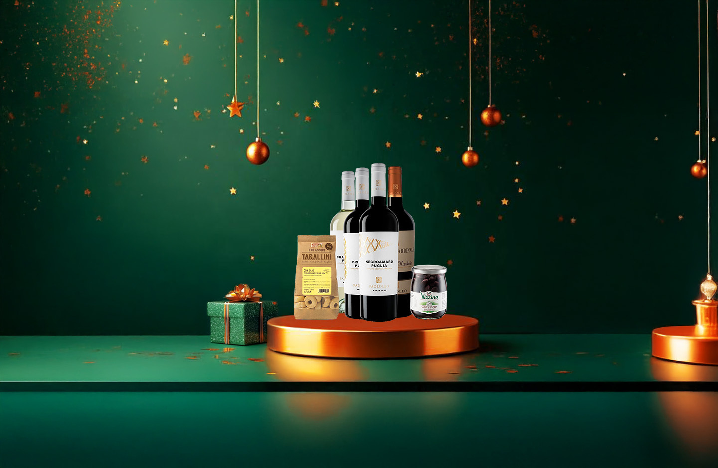 christmas gift with wine and snacks
